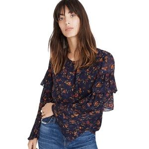 Madewell Floral Ruffle Top - Navy and Orange